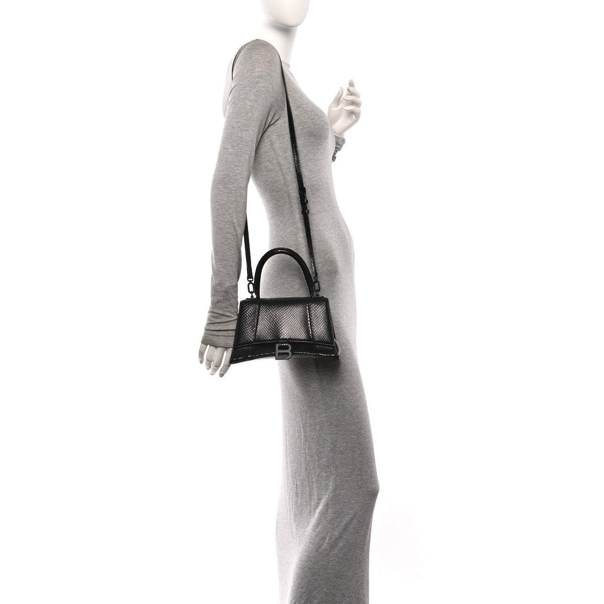 Matte Calfskin Snake Embossed Tonal B Small Hourglass Top Handle Bag Black