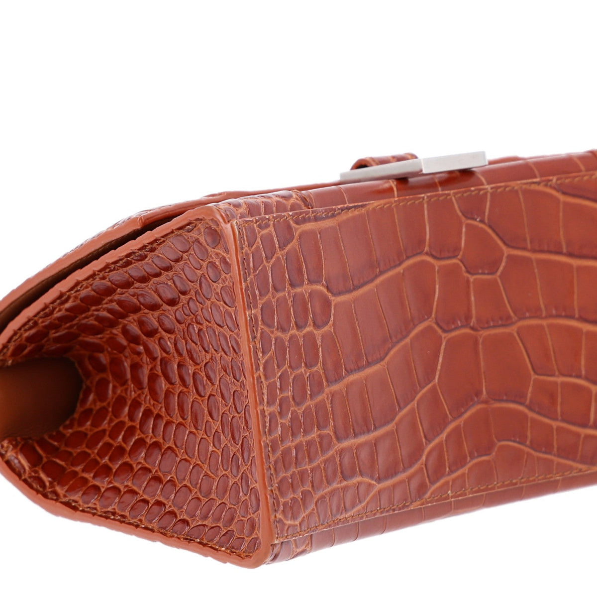 Shiny Calfskin Crocodile Embossed Small Hourglass Top Handle Bag Camel