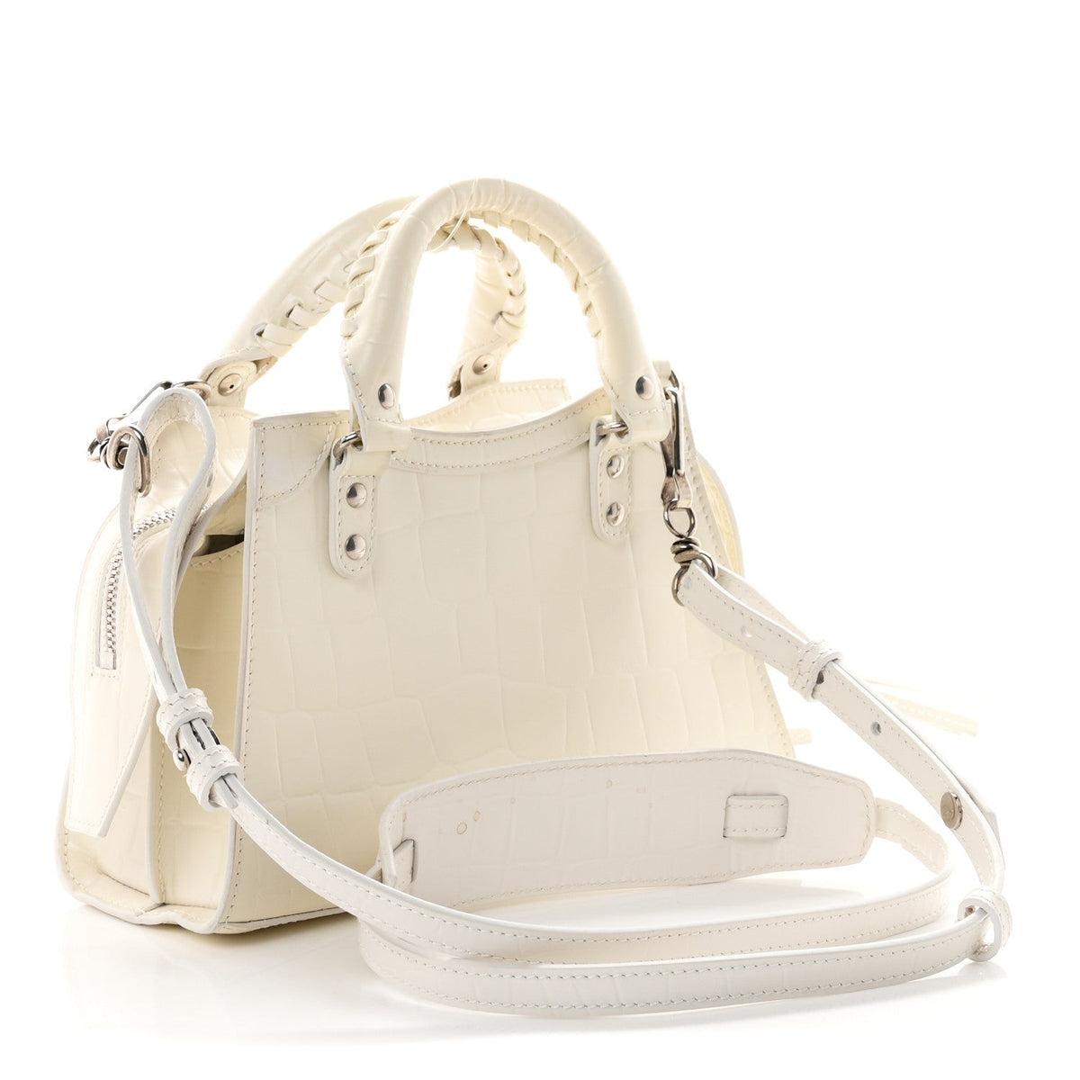 Semi Shiny Calfskin Crocodile Embossed Neo Classic Silver Hardware Mini City White
