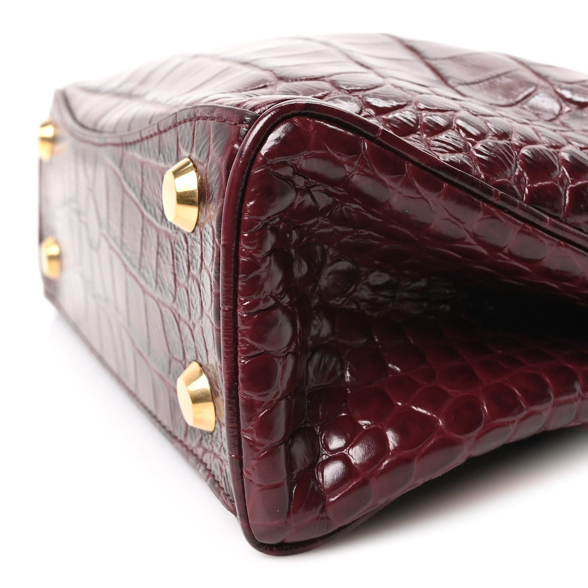 Shiny Calfskin Crocodile Embossed Mini Rodeo Top Handle Handbag Dark Burgundy
