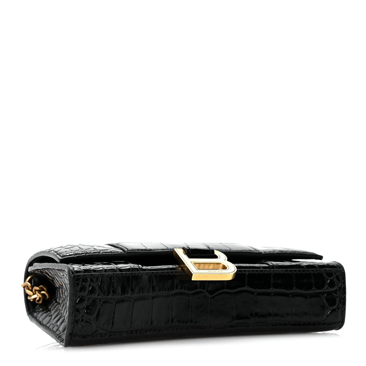Shiny Calfskin Crocodile Embossed Hourglass Chain Bag Black