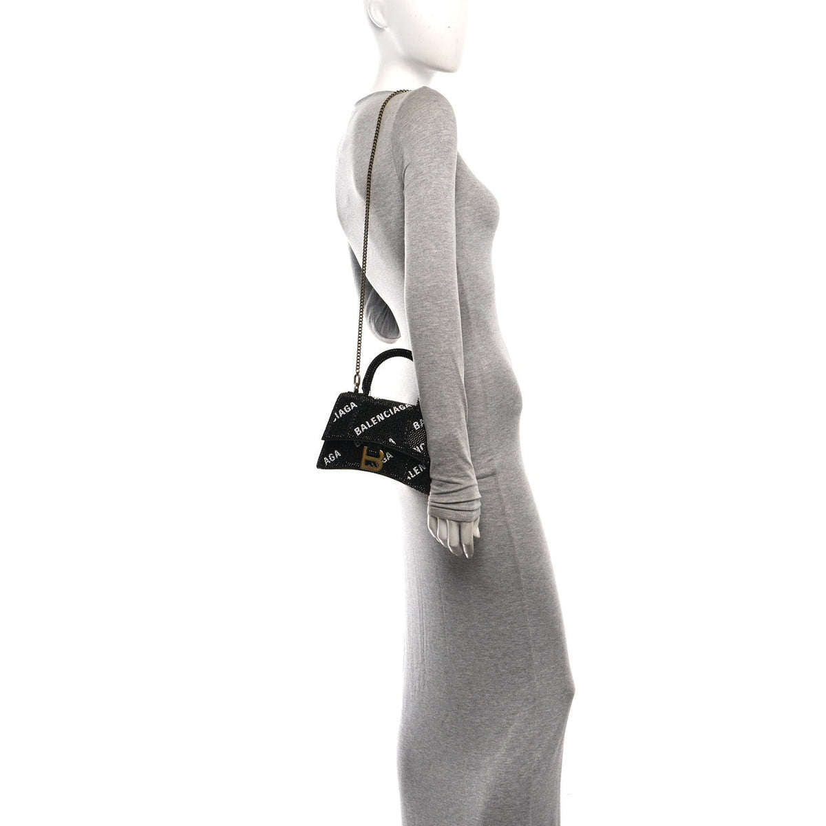 Strass Suede Allover Logo Hourglass Top Handle Bag XS with Chain Black White