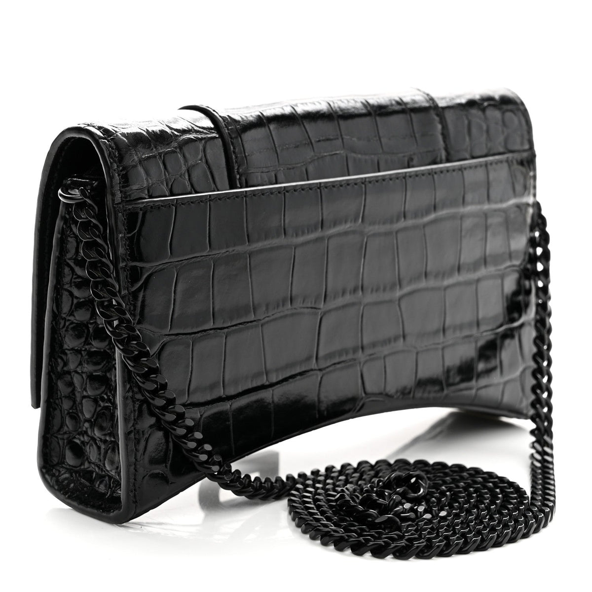 Shiny Calfskin Monochrome Crocodile Embossed Hourglass Chain Bag Black