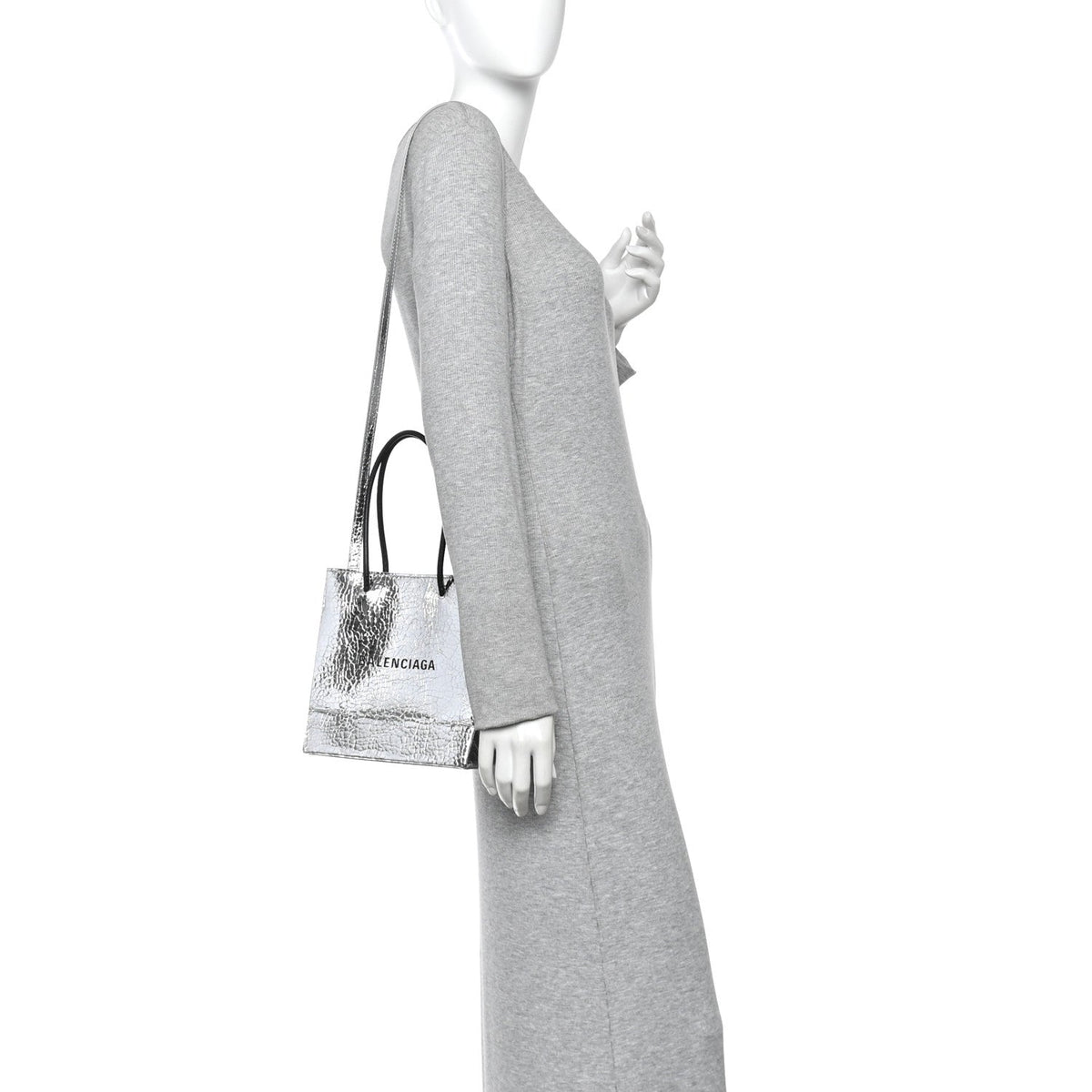 Crackled Mirror Calfskin Logo North South Shopper Tote XXS Silver