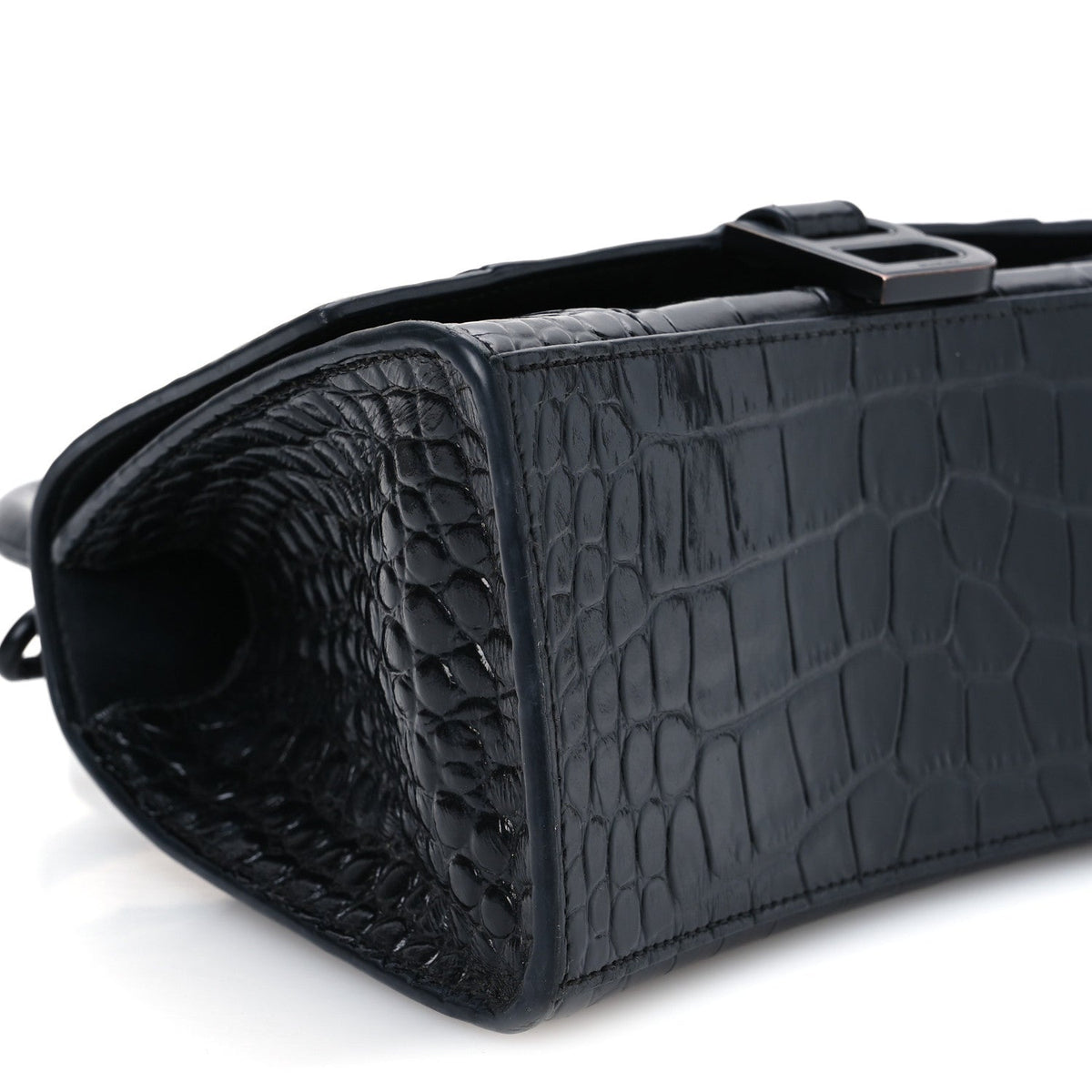 Shiny Calfskin Monochrome Crocodile Embossed Small Hourglass Top Handle Bag Black