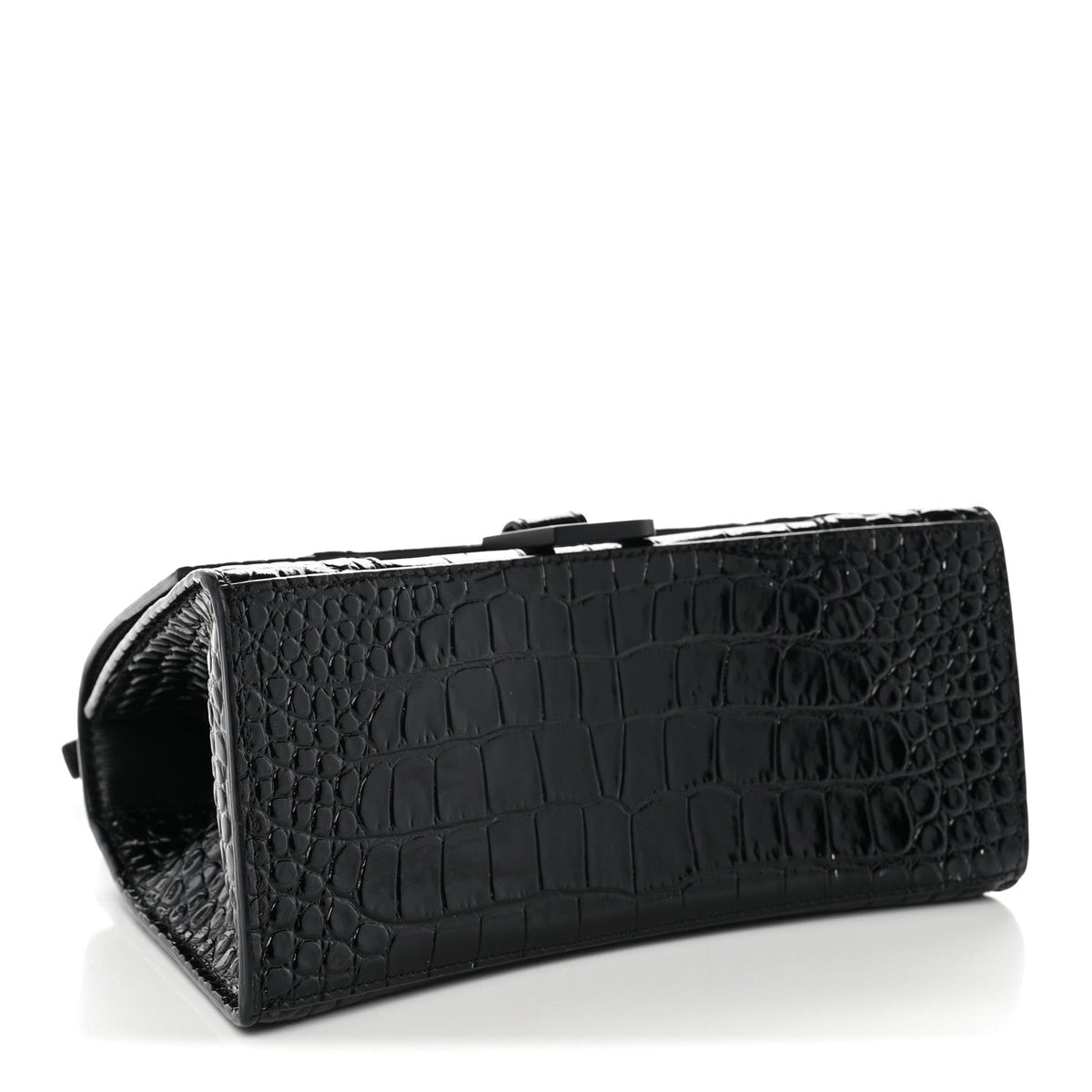 Shiny Calfskin Monochrome Crocodile Embossed Small Hourglass Top Handle Bag Black